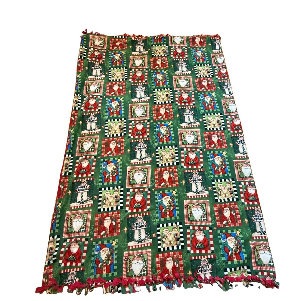 Vintage Handmade Blanket Merry Christmas Santa Claus Fleece Tie Fringe 89x59